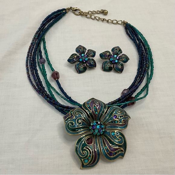 Jewelry - Flower Beaded Necklace & Clip-On Earrings Set Turquoise Purple Gold
